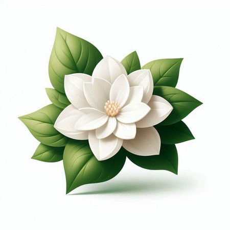 White magnolia flower with green leaves isolated on white background. Vector illustration.のイラスト素材