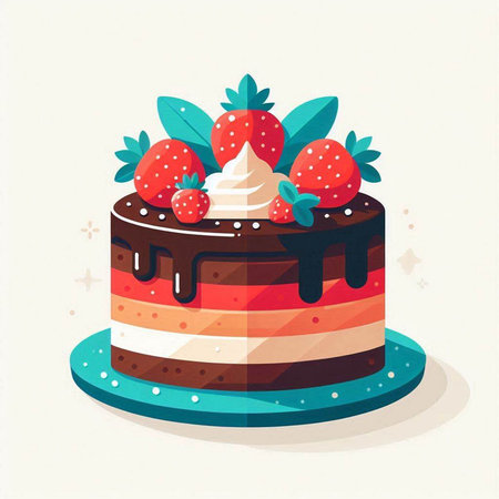 Cake with strawberries and cream. Vector illustration in flat style.