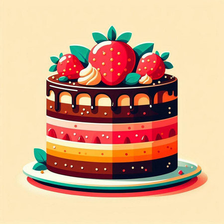 Vector illustration of a cake with strawberries and cream on a light background