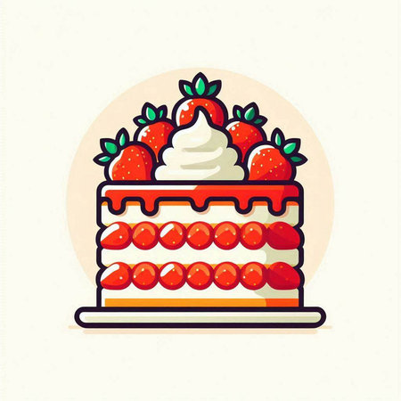 Cake with strawberries and whipped cream. Vector illustration in flat style.