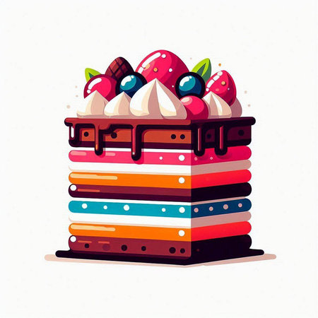 Colorful vector illustration of cake with cream and berries on top.