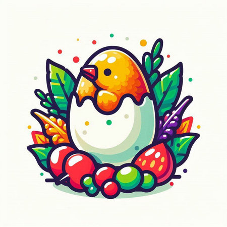 Easter egg with chick and flowers. Hand drawn vector illustration.のイラスト素材