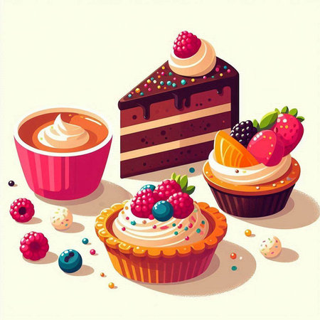 Vector illustration of a set of delicious cakes and cupcakes with cream and berries