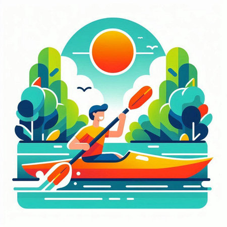 Kayaking on the lake in a flat style. Vector illustration.のイラスト素材