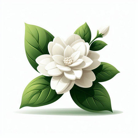 White flower with green leaves on a white background. Vector illustration.のイラスト素材