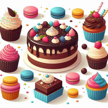 Cupcakes, macaroons and macarons. Vector illustration.のイラスト素材