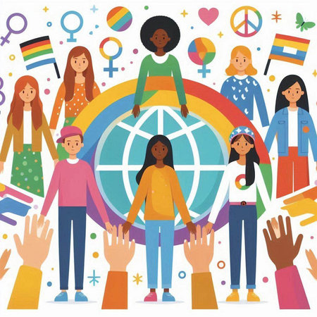 International Day of Persons with Equal Rights. Group of women and men on the background of the globe. Vector illustrationのイラスト素材