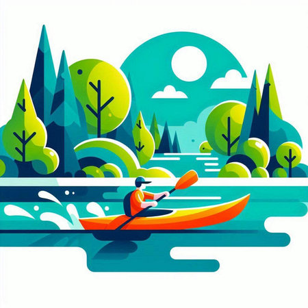 Kayaking on the river. Vector illustration of a man in a kayak.のイラスト素材