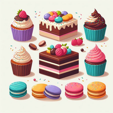 Set of colorful cupcakes and macaroons. Vector illustration.のイラスト素材