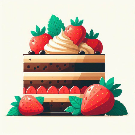 Strawberry cake with whipped cream and fresh strawberries. Vector illustration.のイラスト素材
