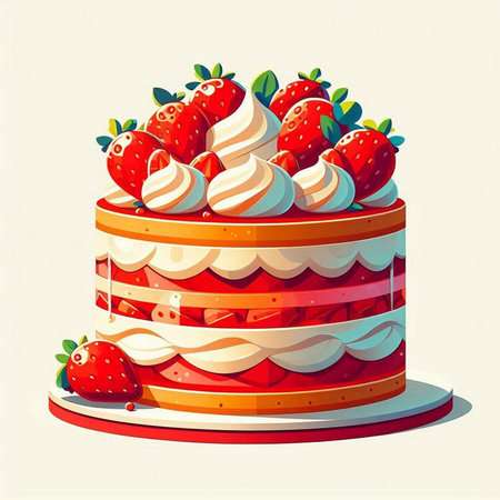 Cake with cream and strawberries. Vector illustration in retro style.