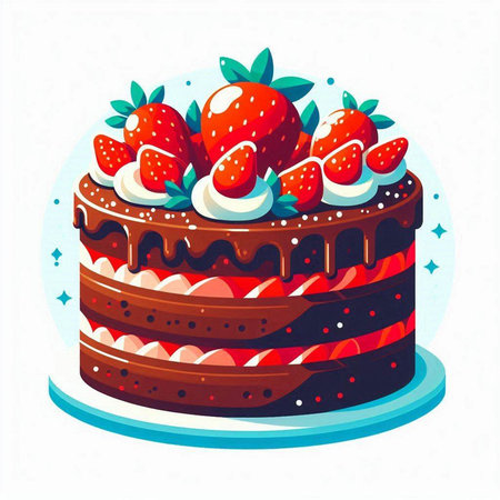 Birthday cake with strawberries. Vector illustration on a white background.