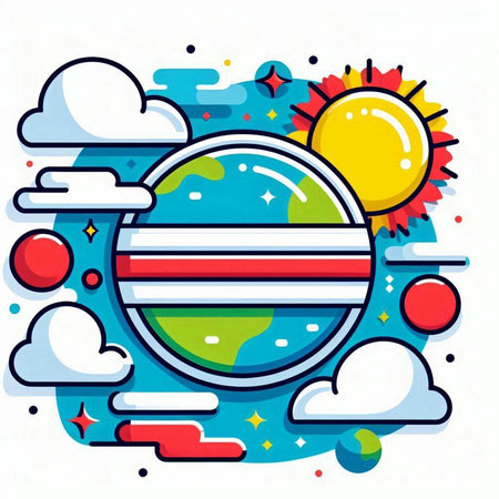 Colorful flat line art vector illustration of planet earth with sun and clouds.のイラスト素材