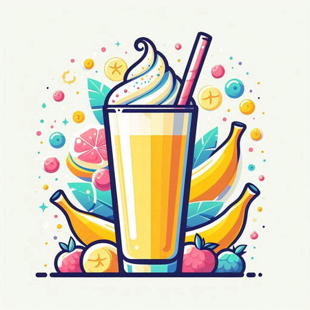 Fruit smoothie in a glass with whipped cream and fruits. Vector illustration.のイラスト素材