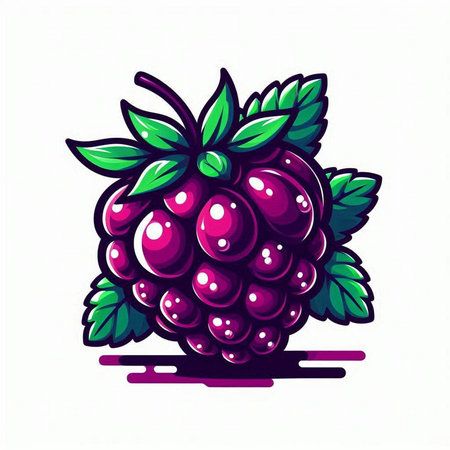 Illustration of a blackberry with green leaves on a white background