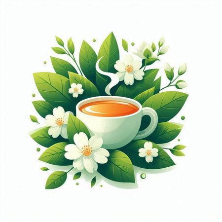Cup of tea with white flowers and green leaves. Vector illustration.のイラスト素材