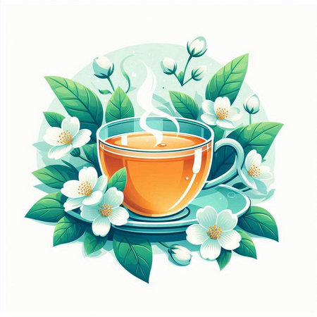Vector illustration of a cup of tea with jasmine flowers.のイラスト素材