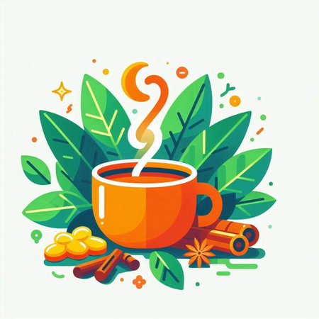 Cup of tea with cinnamon, star anise and leaves. Vector illustration.のイラスト素材