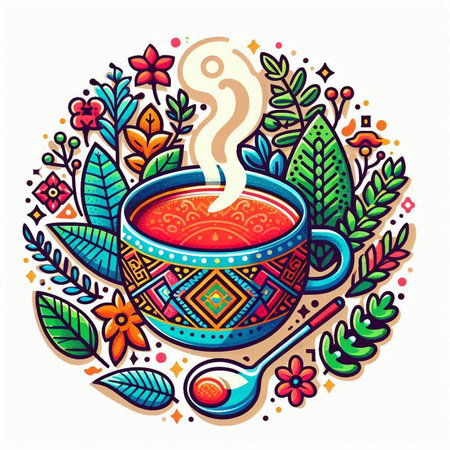 Cup of tea with ethnic ornament. Colorful vector illustration.のイラスト素材