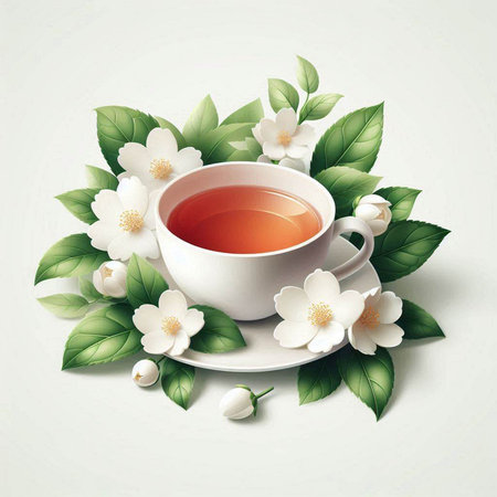 Vector illustration of a cup of tea with jasmine flowers.のイラスト素材