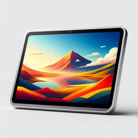 Tablet PC with mountains in the background. 3D illustration.