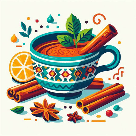 Mulled wine with cinnamon, anise and lemon. Vector illustration.のイラスト素材