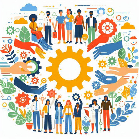 Teamwork concept. Group of people standing together in circle with gear wheel. Vector illustration