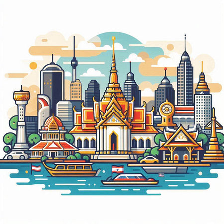 Bangkok, Thailand - famous landmark of Thailand. Vector illustration.のイラスト素材