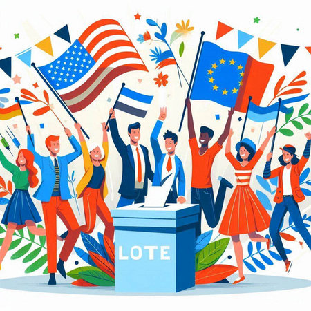 Vector illustration of a group of people with flags waving in the air.