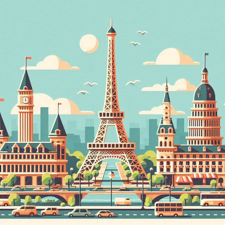 Eiffel Tower in Paris, France. Vector illustration in retro style