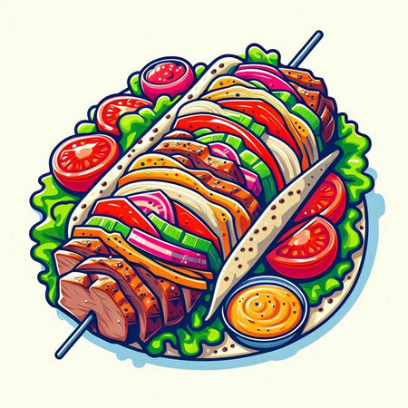 Illustration of kebab on skewer with tomato, lettuce and ketchupのイラスト素材