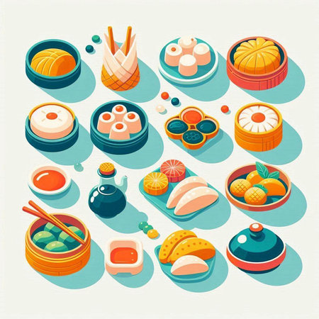 Japanese food icons set in isometric 3d style isolated vector illustrationのイラスト素材