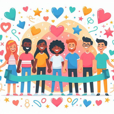 Happy group of friends in love. Vector illustration in cartoon style.のイラスト素材
