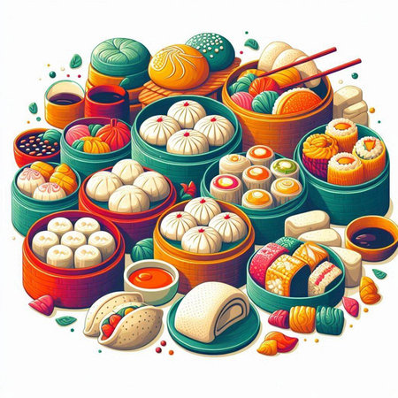 Vector illustration of Chinese dim sum in bamboo bowl with chopsticks and soy sauceのイラスト素材