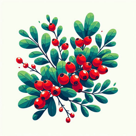 Christmas tree branch with red berries and green leaves. Vector illustration.のイラスト素材