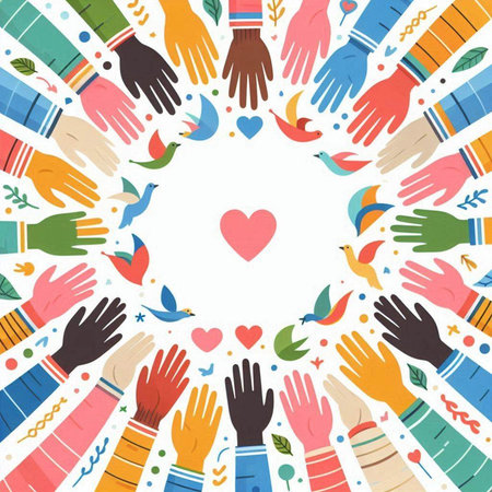 Vector illustration of a group of hands with different colors and symbols.のイラスト素材