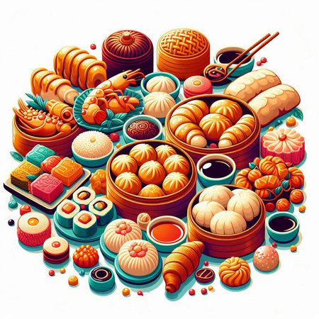 Vector illustration of a set of oriental sweets, pastries, candies, cakes, gingerbread and tea