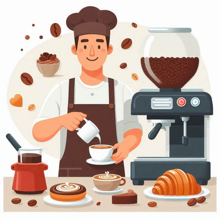 Coffee shop, barista making coffee. Vector cartoon illustrationのイラスト素材