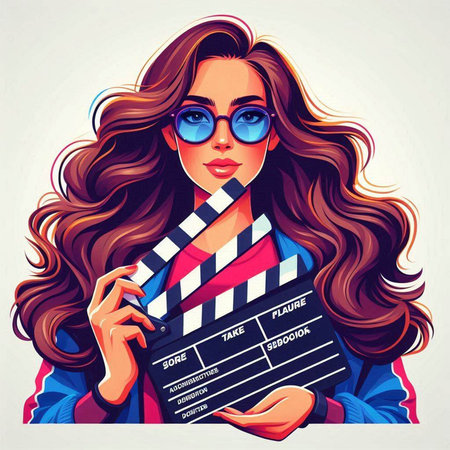 Beautiful young woman with movie clapper board. Vector illustration.のイラスト素材