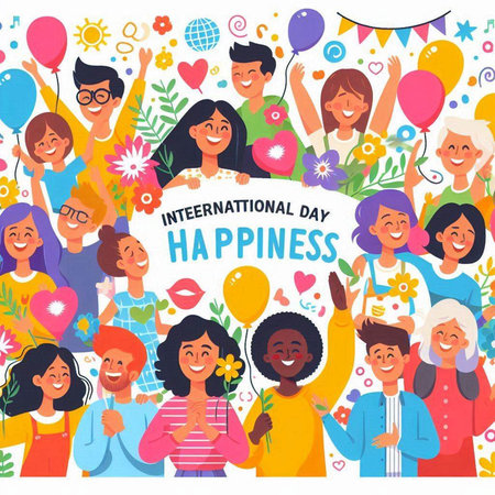 International Happy Women's Day greeting card. Group of happy smiling women with flowers and balloons.のイラスト素材