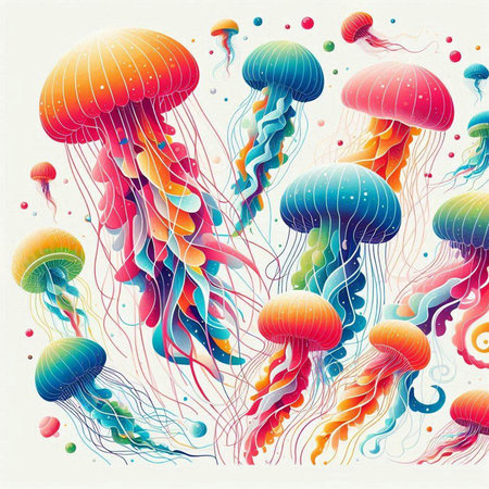 Jellyfishes in the sea. Colorful vector illustration.