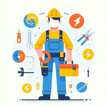 Repairman in helmet and overalls with tools. Vector illustrationのイラスト素材