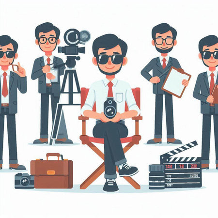 Cinema crew with camera. Vector illustration in cartoon style.のイラスト素材
