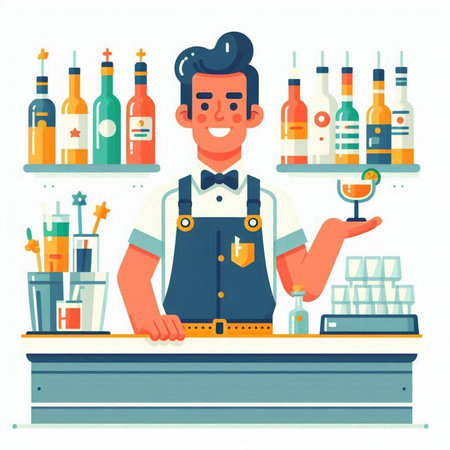 Bartender at the bar counter. Flat style vector illustration.のイラスト素材