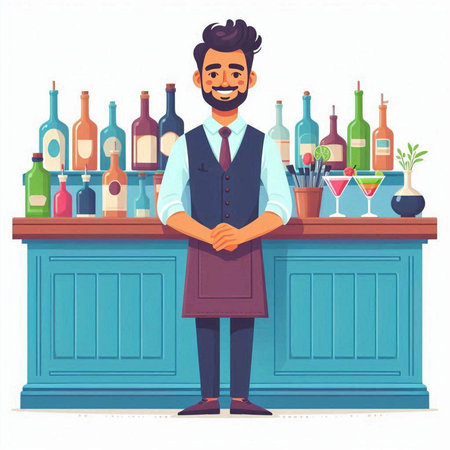 Handsome barman standing at the bar counter. Vector illustrationのイラスト素材