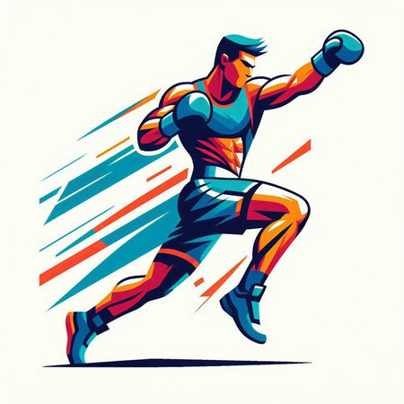 Athletic man running with boxing gloves. Vector illustration.のイラスト素材