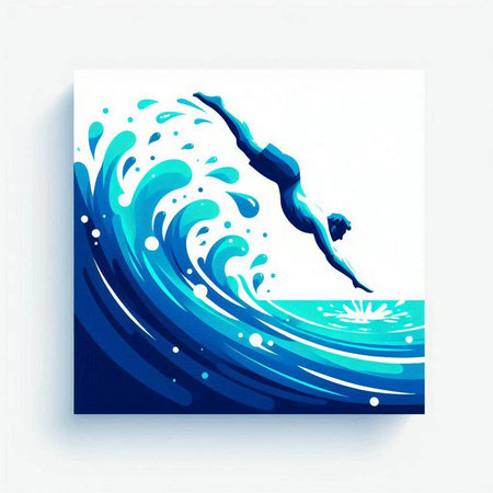 Vector illustration of a blue water wave with a silhouette of a diverのイラスト素材