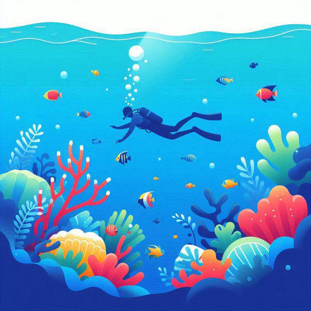 Underwater scene with coral reef, fish and diver. Vector illustration.のイラスト素材