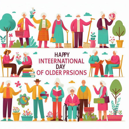 Happy International Day of Older Persons. Happy old people with gardening tools.のイラスト素材