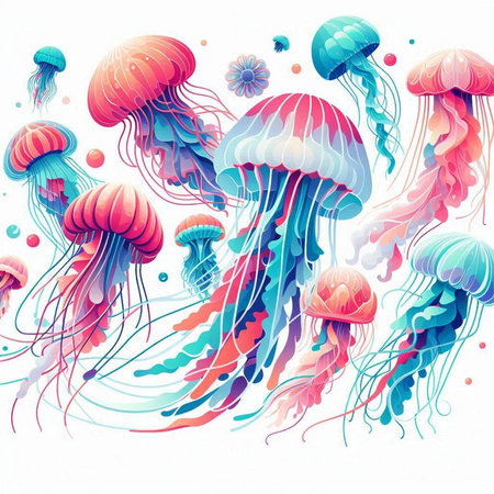 Colorful jellyfishes on white background. Hand drawn vector illustration.